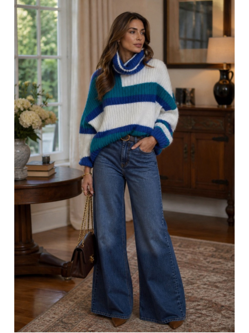 Women's Alison Sheri Cowl Neck Striped Sweater L Blue White